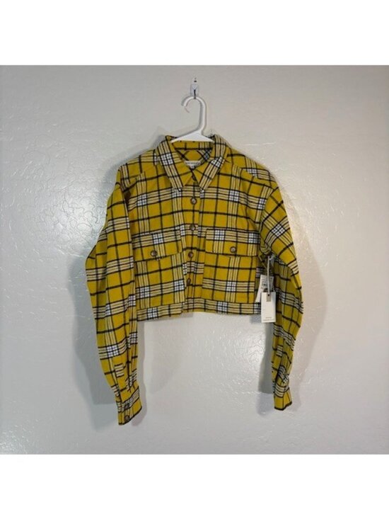 Good American Tops - Good American Women's Flannel Size 0 Cropped Plaid Shirt Yellow & Black NEW